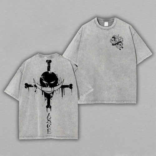 Portgas D. Ace One Piece Jolly Roger | Double-Sided Retro Vintage Washed T-Shirt | Limited Edition Streetwear