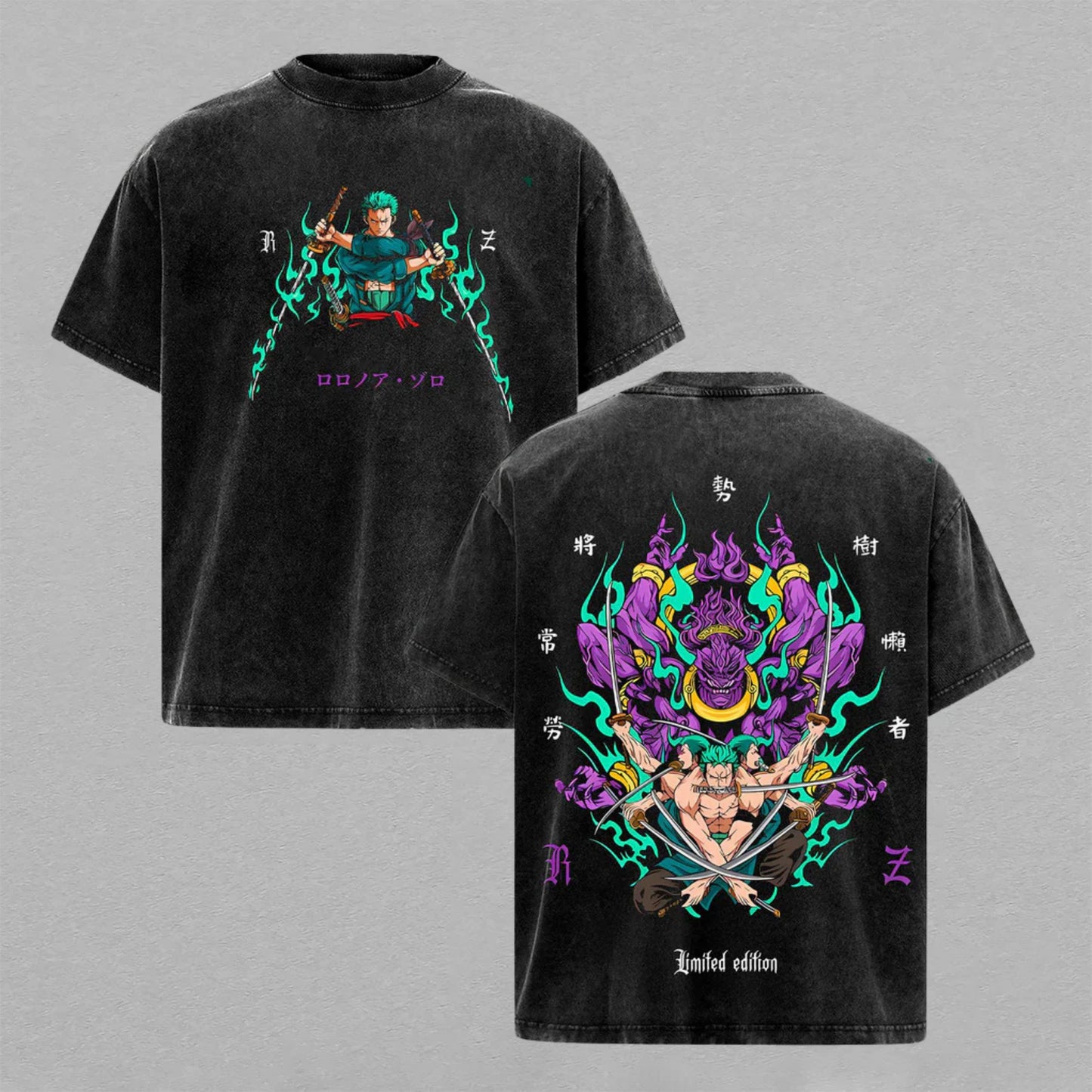 Roronoa Zoro One Piece Demon Aura | Retro Vintage Washed T-Shirt | Limited Edition Oversized Streetwear