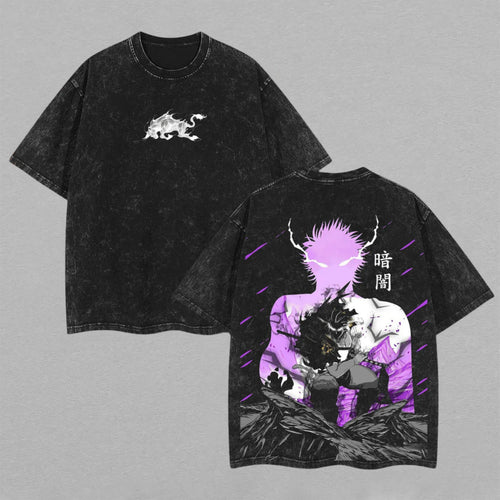 Dark Anime Demon Shadow Purple Aura Retro Vintage Washed T-Shirt Limited Oversized Streetwear Anime Graphic Tee Gift for Manga Fans