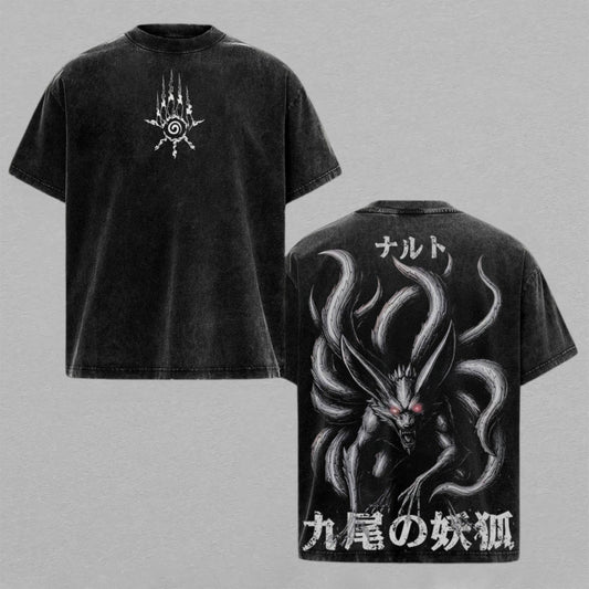Naruto Uzumaki Kurama Nine-Tails | Retro Vintage Washed T-Shirt | Limited Edition Oversized Streetwear