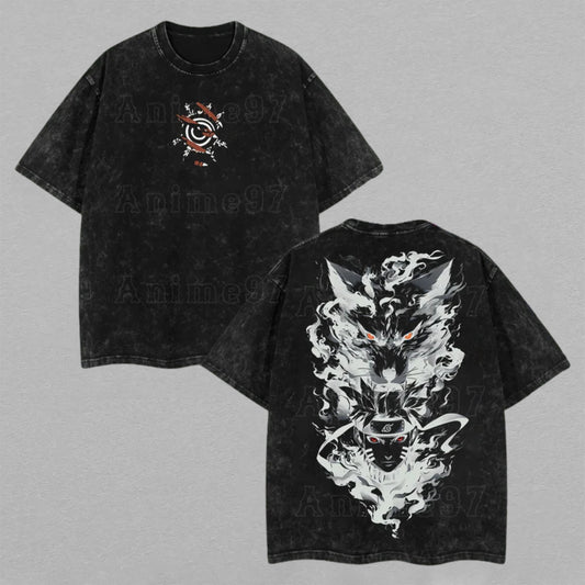 Naruto Uzumaki Kurama Nine-Tails Mode | Retro Vintage Washed T-Shirt | Limited Edition Oversized Streetwear