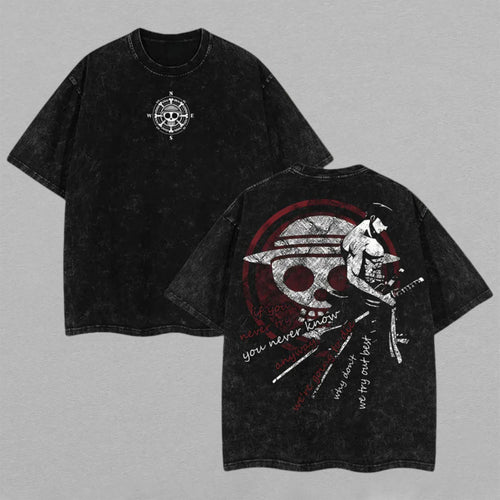 Monkey D. Luffy One Piece Pirate Compass | Retro Vintage Washed T-Shirt | Limited Edition Oversized Streetwear