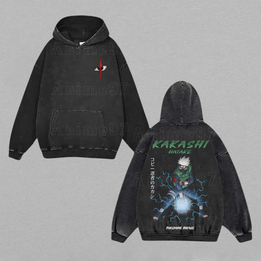 Kakashi Hatake Naruto Chidori | Double-Sided Retro Vintage Washed Hoodie | Limited Edition Streetwear