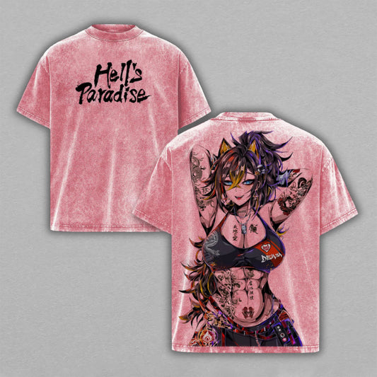Hell's Paradise Dark Tattoo Waifu | Retro Vintage Washed T-Shirt | Limited Edition Oversized Streetwear