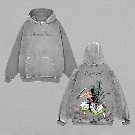 Roronoa Zoro One Piece King of Hell | Double-Sided Retro Vintage Washed Hoodie | Limited Edition Streetwear