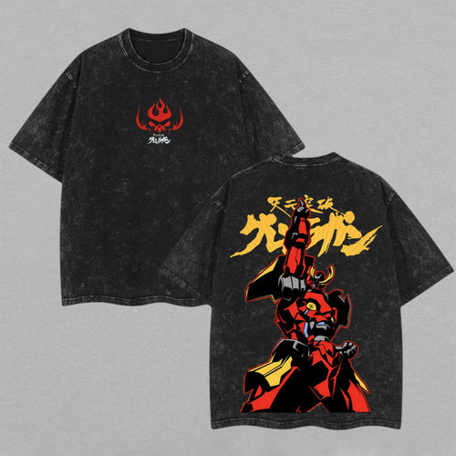 Kamina & Simon Gurren Lagann Mecha | Retro Vintage Washed T-Shirt | Limited Edition Oversized Streetwear