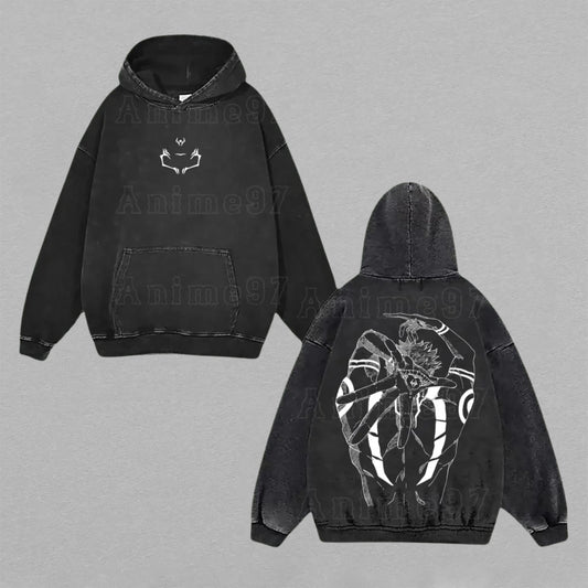 Ryomen Sukuna Jujutsu Kaisen Malevolent Shrine | Double-Sided Retro Vintage Washed Hoodie | Limited Edition Streetwear