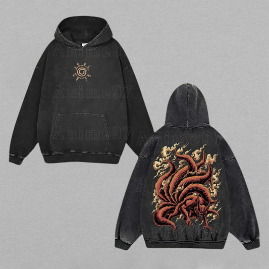 Kurama Nine-Tails Naruto Shippuden | Double-Sided Retro Vintage Washed Hoodie | Limited Edition Streetwear