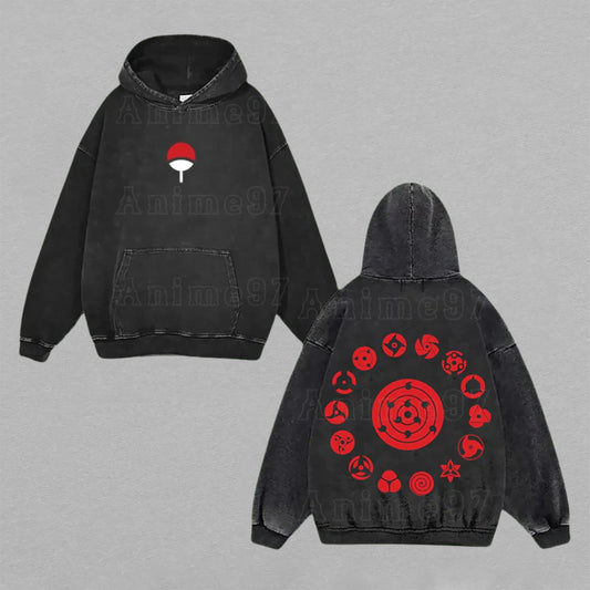 Uchiha Clan Naruto Mangekyou Sharingan | Double-Sided Retro Vintage Washed Hoodie | Limited Edition Streetwear