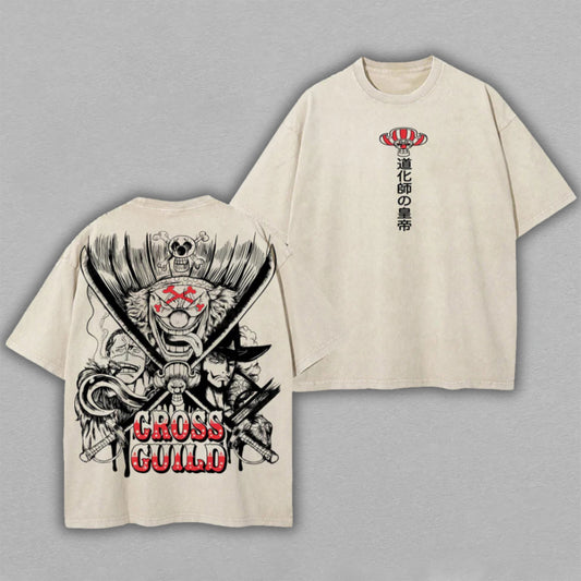 Cross Guild One Piece Buggy Mihawk Crocodile | Retro Vintage Washed T-Shirt | Limited Edition Oversized Streetwear