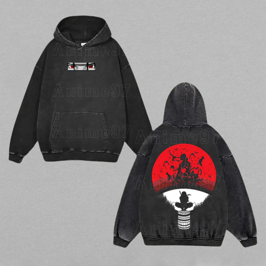 Itachi Uchiha Naruto Akatsuki Crow | Double-Sided Retro Vintage Washed Hoodie | Limited Edition Streetwear