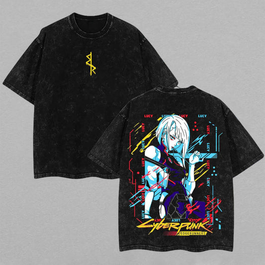 Lucy Cyberpunk Edgerunners Netrunner | Retro Vintage Washed T-Shirt | Limited Edition Oversized Streetwear
