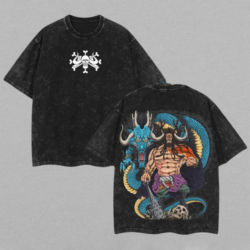 Kaido One Piece Azure Dragon King | Double-Sided Retro Vintage Washed T-Shirt | Limited Edition Streetwear