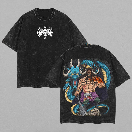 Kaido One Piece Azure Dragon King | Double-Sided Retro Vintage Washed T-Shirt | Limited Edition Streetwear