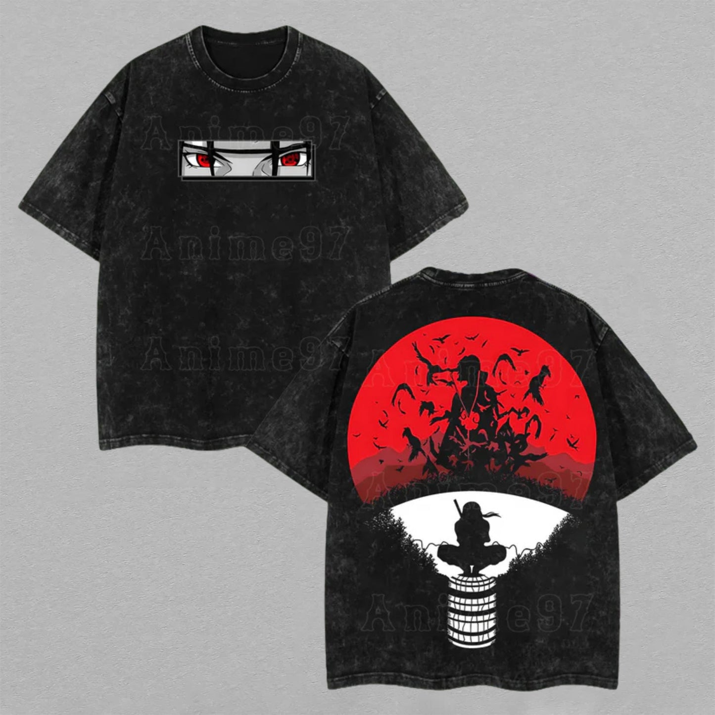 Itachi Uchiha Naruto Crow Moon | Retro Vintage Washed T-Shirt | Limited Edition Oversized Streetwear