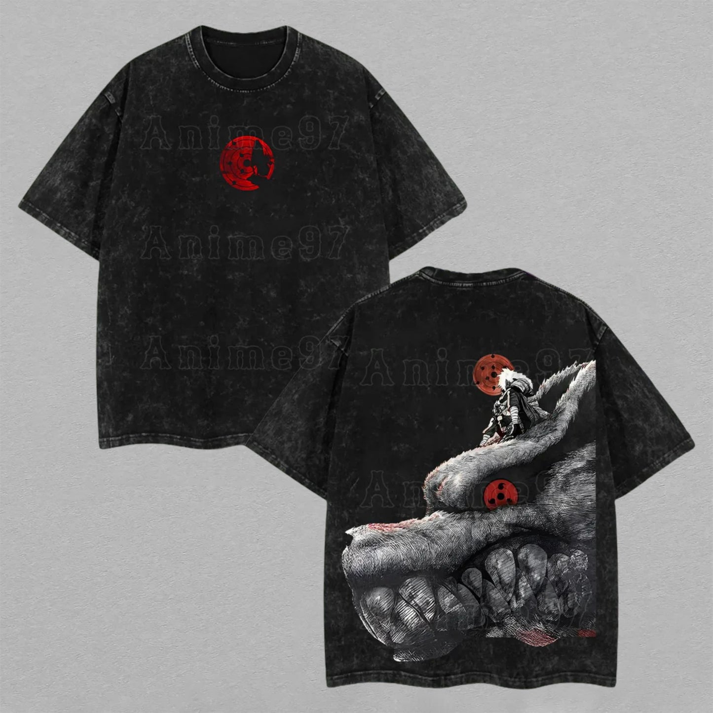Madara Uchiha & Kurama Nine-Tails Naruto Shippuden Washed T-Shirt Retro Vintage Anime Graphic Tee Limited Edition Oversized Streetwear Shirt