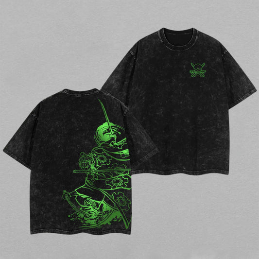 Roronoa Zoro One Piece Neon Green Sword | Retro Vintage Washed T-Shirt | Limited Edition Oversized Streetwear
