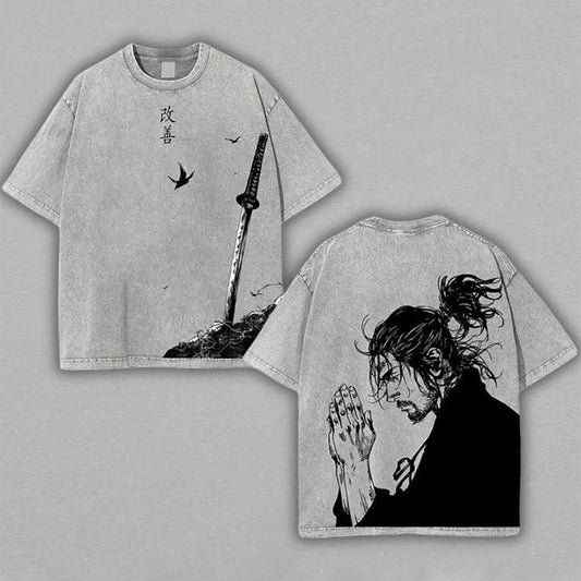 Miyamoto Musashi Vagabond Samurai | Retro Vintage Washed T-Shirt | Limited Edition Oversized Streetwear