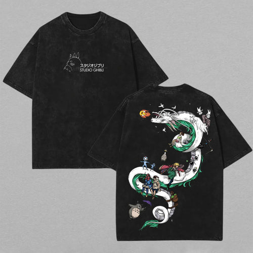 Spirited Away Chihiro & Haku Ghibli | Retro Vintage Washed T-Shirt | Limited Edition Oversized Streetwear