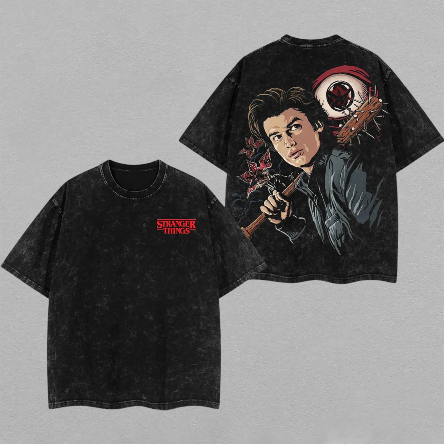 Steve Harrington Stranger Things Nail Bat | Double-Sided Retro Vintage Washed T-Shirt | Limited Edition Streetwear