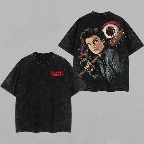 Steve Harrington Stranger Things Nail Bat | Double-Sided Retro Vintage Washed T-Shirt | Limited Edition Streetwear
