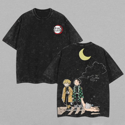 Tanjiro, Zenitsu & Inosuke Midnight Stroll | Double-Sided Retro Vintage Washed T-Shirt | Limited Edition Oversized Streetwear