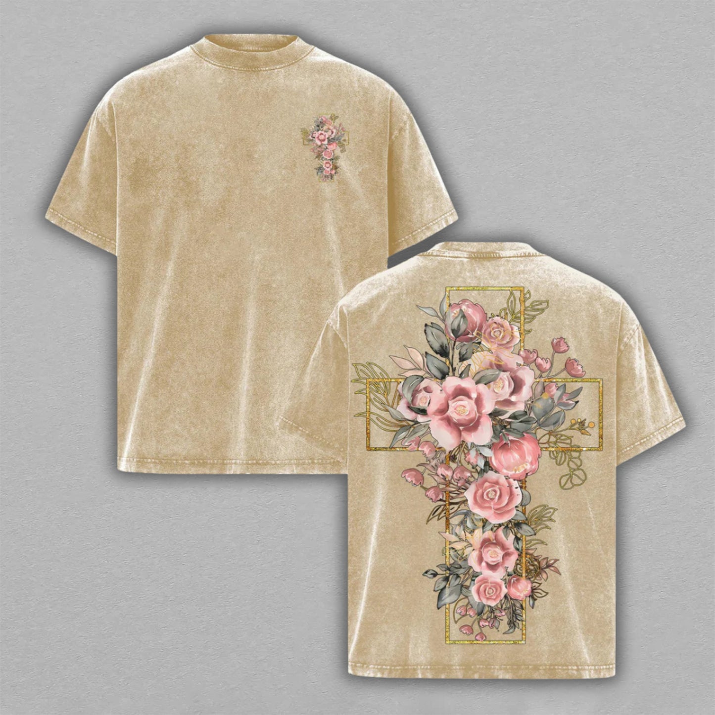 Floral Cross Pink Roses Christian Retro Vintage Washed T-Shirt Limited Oversized Streetwear Double-Sided Religious Graphic Tee Gift for Believers
