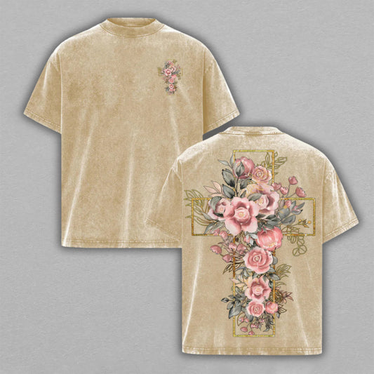 Floral Cross Pink Roses Christian Retro Vintage Washed T-Shirt Limited Oversized Streetwear Double-Sided Religious Graphic Tee Gift for Believers