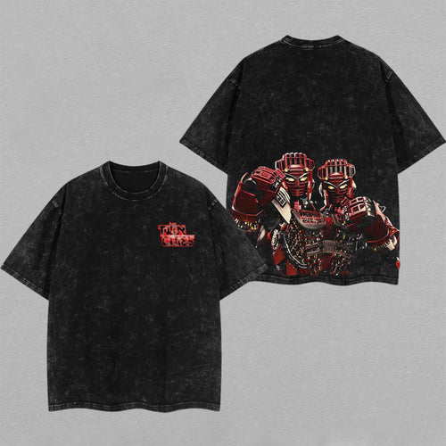 Twin Cities Samurai Cyberpunk Robot Retro Vintage Washed T-Shirt Limited Oversized Streetwear Japanese Aesthetic Graphic Tee Gift for Cyberpunk Fans