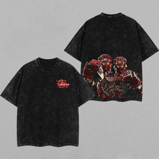 Twin Cities Samurai Cyberpunk Robot Retro Vintage Washed T-Shirt Limited Oversized Streetwear Japanese Aesthetic Graphic Tee Gift for Cyberpunk Fans