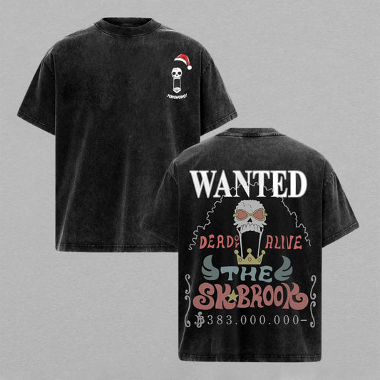 Brook One Piece Soul King Wanted | Double-Sided Retro Vintage Washed T-Shirt | Limited Edition Streetwear