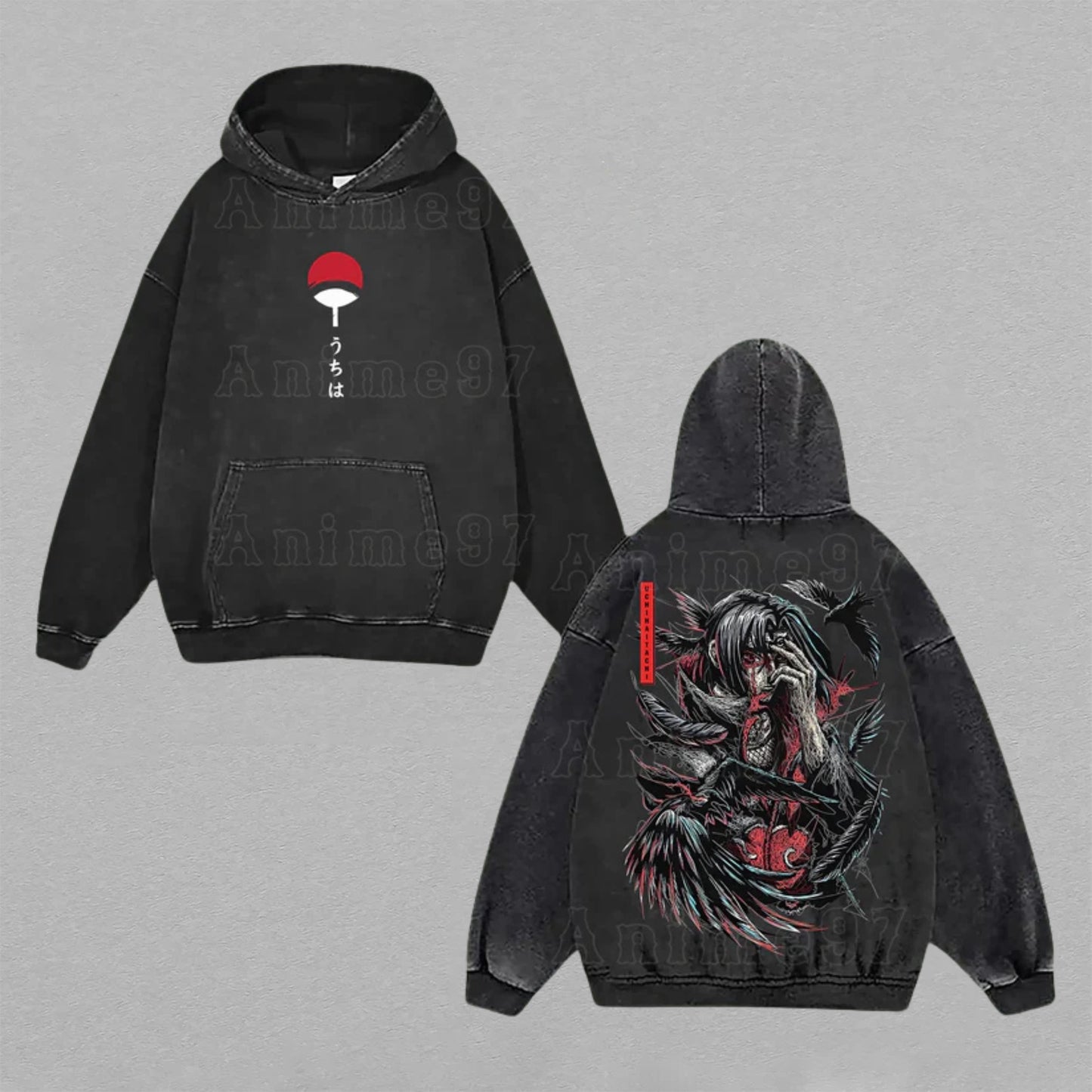 Itachi Uchiha Naruto Crow Illusion | Double-Sided Retro Vintage Washed Hoodie | Limited Edition Streetwear