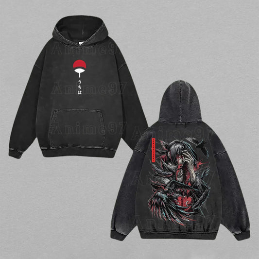 Itachi Uchiha Naruto Crow Illusion | Double-Sided Retro Vintage Washed Hoodie | Limited Edition Streetwear