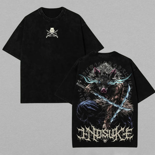 Inosuke Hashibira Kimetsu no Yaiba Boar Mask | Retro Vintage Washed T-Shirt | Limited Edition Oversized Streetwear
