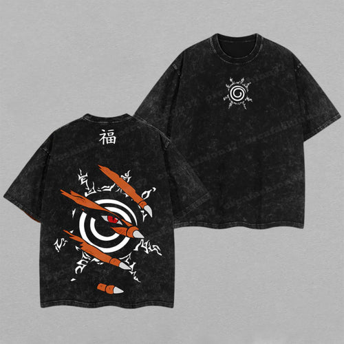Kurama Nine Tails Fox Naruto | Retro Vintage Washed T-Shirt | Limited Edition Oversized Streetwear