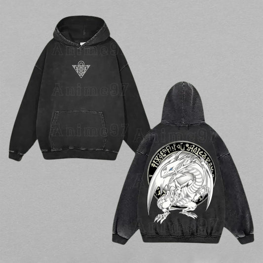 Blue-Eyes White Dragon Yu-Gi-Oh! Kaiba | Double-Sided Retro Vintage Washed Hoodie | Limited Edition Streetwear