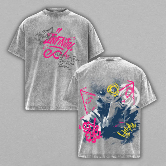 Satoru Gojo Jujutsu Kaisen Neon Graffiti | Double-Sided Retro Vintage Washed T-Shirt | Limited Edition Streetwear