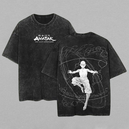 Retro Vintage Limited Aang Washed T-Shirt Avatar The Last Airbender Graphic Tee Oversized Streetwear Gift for Anime Fans