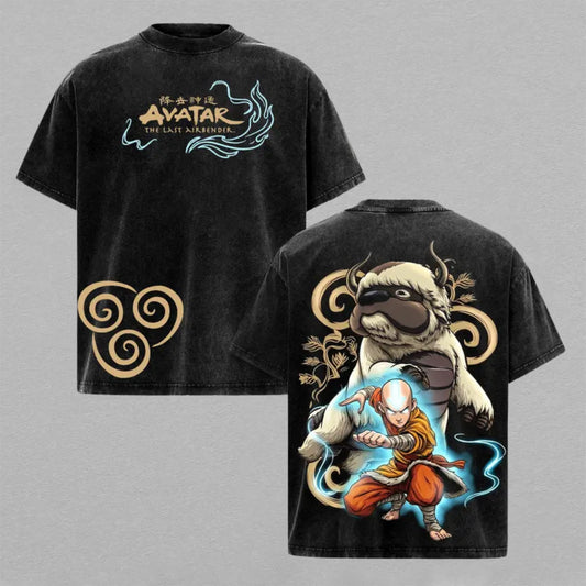 Aang Appa Avatar The Last Airbender Washed Oversized T-shirt Airbending Element Sky Bison Back Print Vintage Heavyweight Cotton Anime Graphic Tee Streetwear Gift for Fans