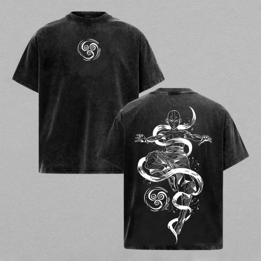 Aang Avatar The Last Airbender Washed Oversized T-shirt Avatar State Airbending Spirit Form Back Print Vintage Heavyweight Cotton Anime Graphic Tee Streetwear Gift for Aang Fans