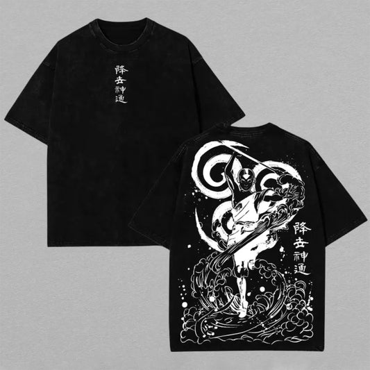 Aang Avatar The Last Airbender Washed Oversized T-shirt Black White Airbending Staff Cloud Back Print Vintage Heavyweight Cotton Anime Graphic Tee Streetwear Gift for Aang Fans