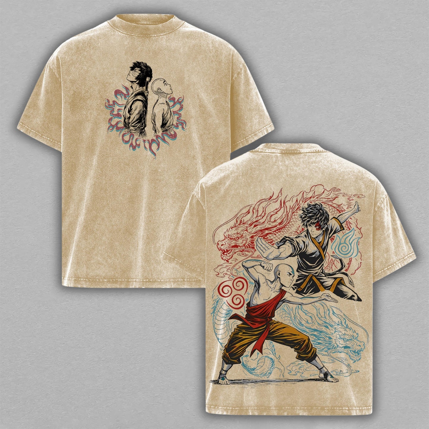 Aang and Zuko Fire Water Dragon Battle Washed T-shirt Limited Retro Vintage Oversized Streetwear Avatar Anime Graphic Tee Gift for Fans