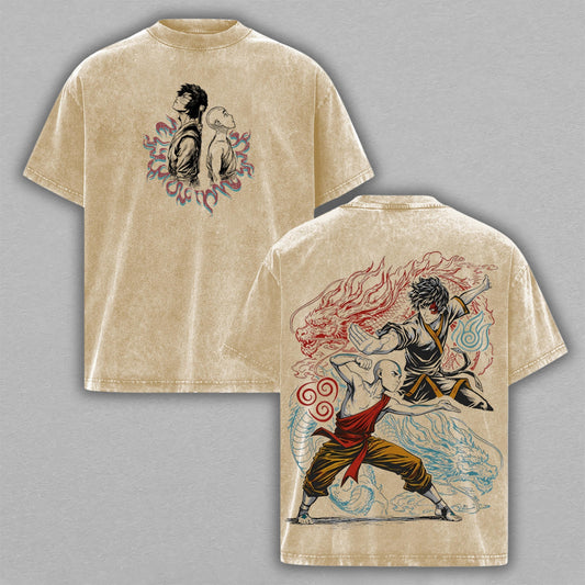 Aang and Zuko Fire Water Dragon Battle Washed T-shirt Limited Retro Vintage Oversized Streetwear Avatar Anime Graphic Tee Gift for Fans