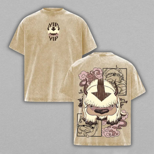 Appa Avatar The Last Airbender Washed Oversized T-shirt Yip Yip Sky Bison Chibi Back Print Vintage Heavyweight Cotton Anime Graphic Tee Streetwear Gift for Fans