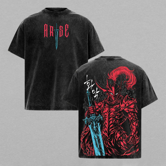 Arise Red Shadow Monarch Knight Sword Washed T-shirt Limited Retro Vintage Oversized Streetwear Solo Leveling Anime Graphic Tee Gift for Fans