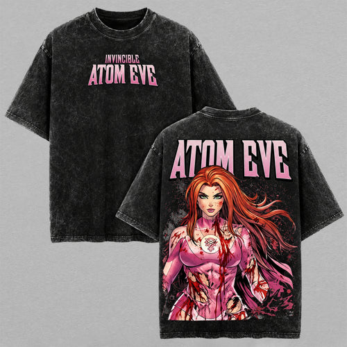 Atom Eve Invincible Bloodied Hero Washed T-shirt Limited Retro Vintage Oversized Streetwear Comic Graphic Tee Gift for Fans