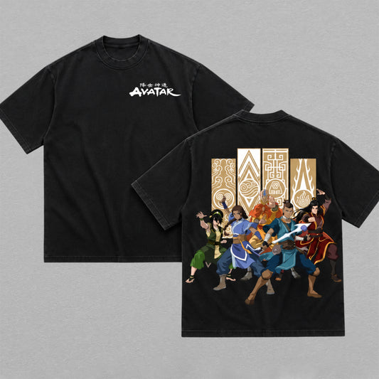 Avatar The Last Airbender Aang Katara Sokka Toph Zuko Washed Oversized T-shirt Four Elements Team Avatar Back Print Vintage Heavyweight Cotton Anime Graphic Tee Streetwear Gift for Fans