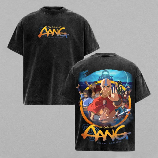Avatar The Last Airbender Aang Team Avatar Washed Oversized T-shirt Element Circle Group Back Print Vintage Heavyweight Cotton Anime Graphic Tee Streetwear Gift for Fans