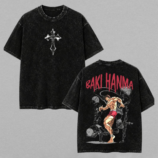Baki Hanma Gym Shirt Washed Oversized T-shirt Fighting Pose Back Print Vintage Heavyweight Cotton Anime Graphic Tee Streetwear Gift for Fans