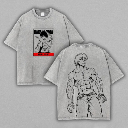 Baki Hanma Gym Shirt Washed Oversized T-shirt Manga Sketch Muscular Fighter Back Print Vintage Heavyweight Cotton Anime Graphic Tee Streetwear Gift for Fans